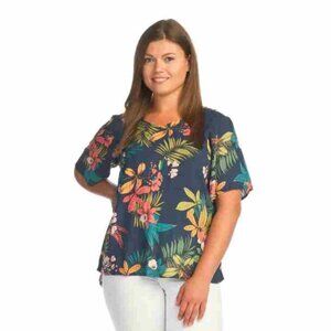 Papilliion Tropical Short Sleeve Top with Back Button Detail, Women's, Teal, NWT